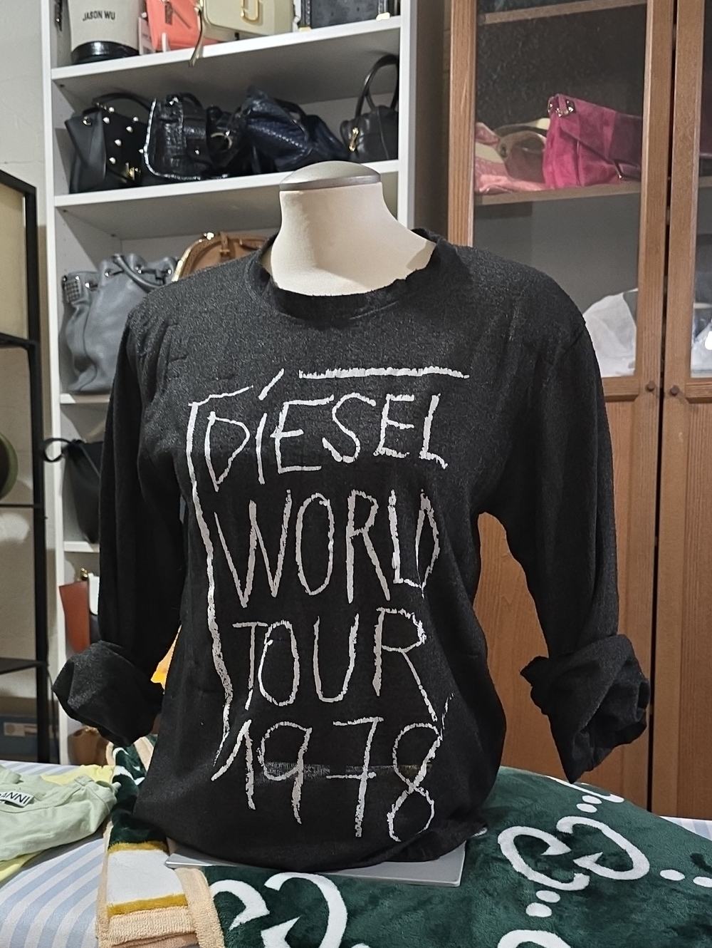 Diesel Black Long Sleeve Graphic Tee with White Print